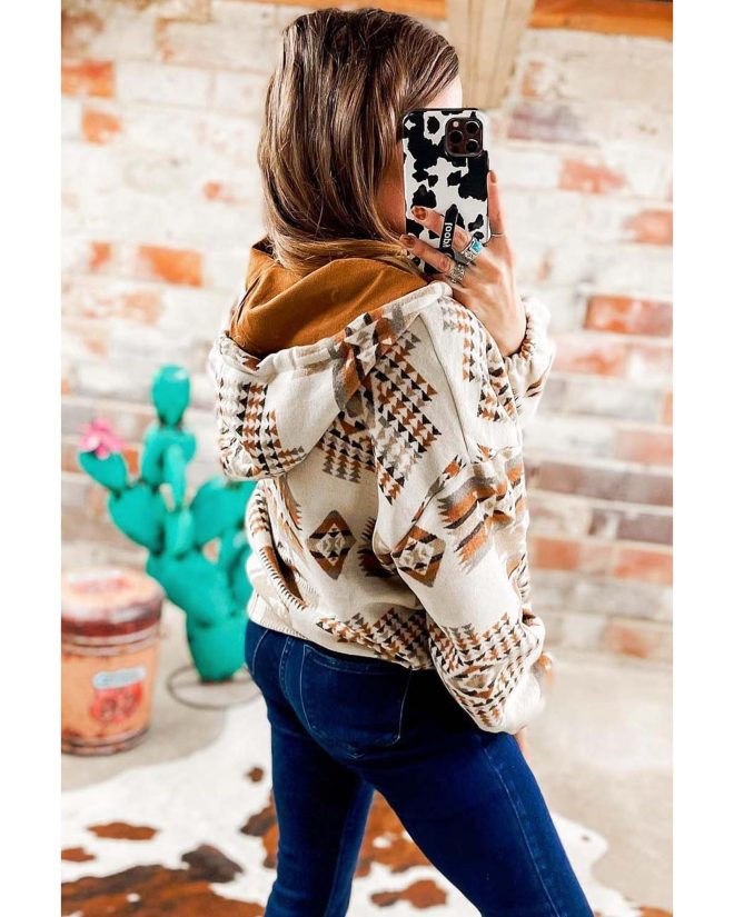 Azura Exchange Beige Aztec Print Half-Zip Hoodie with Kangaroo Pocket – L