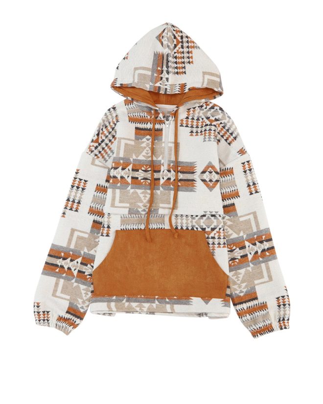 Azura Exchange Beige Aztec Print Half-Zip Hoodie with Kangaroo Pocket – L