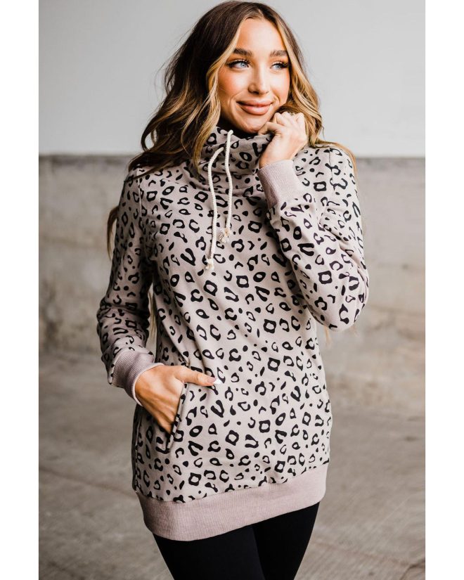 Azura Exchange Leopard High Neck Hoodie with Kangaroo Pocket – M