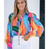 Azura Exchange Swirl Color Block Print Lantern Sleeve Shirt – 2XL