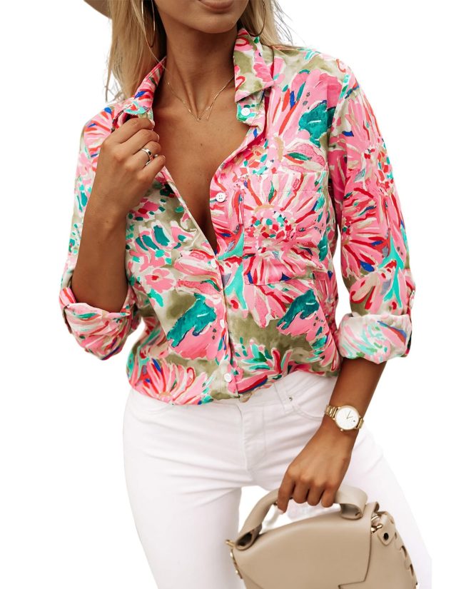 Azura Exchange Buttoned Sheath Long Sleeve Shirt with Abstract Floral Print – L