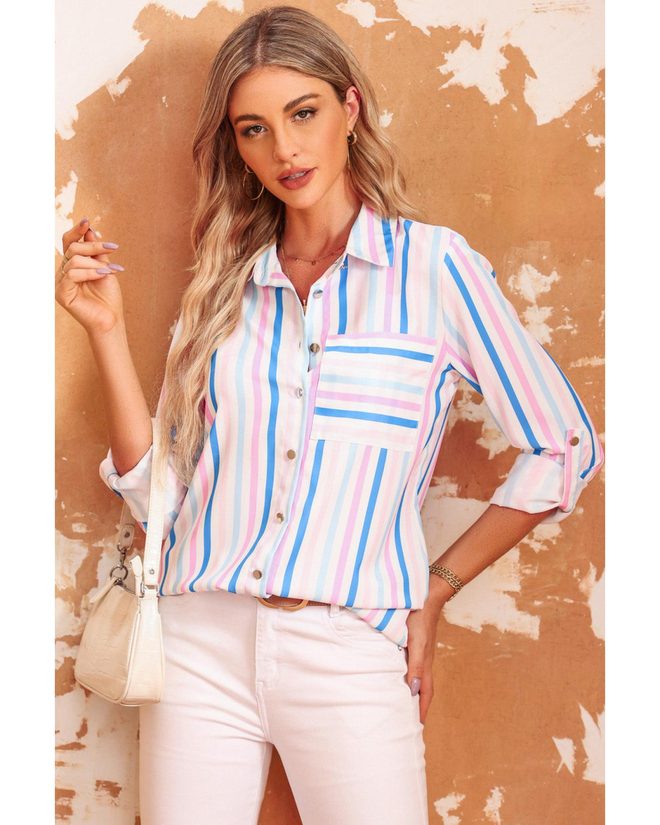 Azura Exchange Striped Roll Tab Sleeve Shirt – L