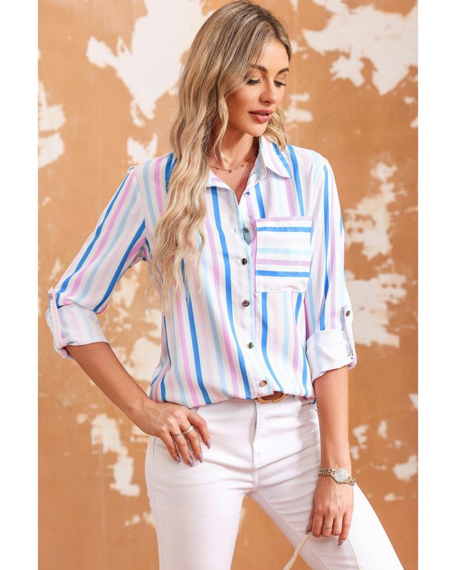 Azura Exchange Striped Roll Tab Sleeve Shirt – L