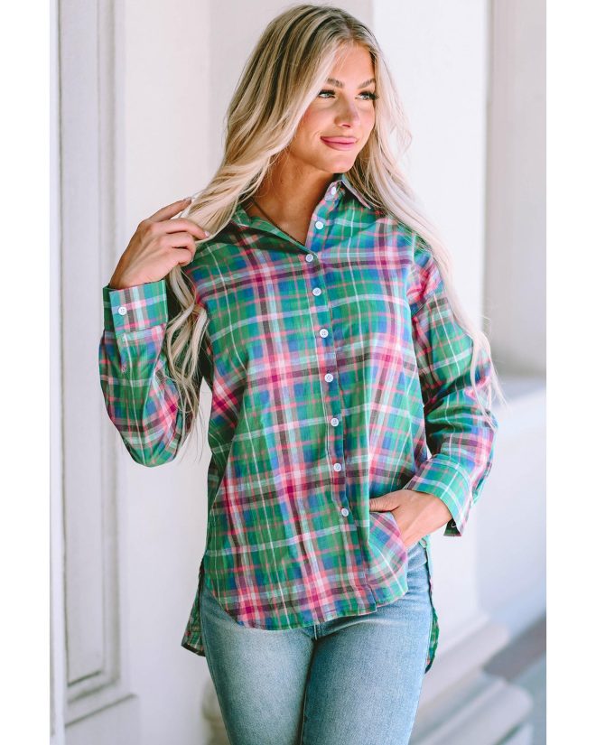 Azura Exchange Plaid Button Down Split Shirt – L