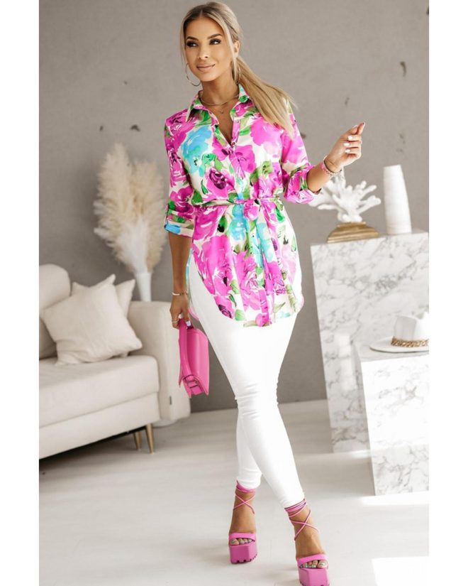 Azura Exchange Floral Print Lace-up Tunic Shirt – L