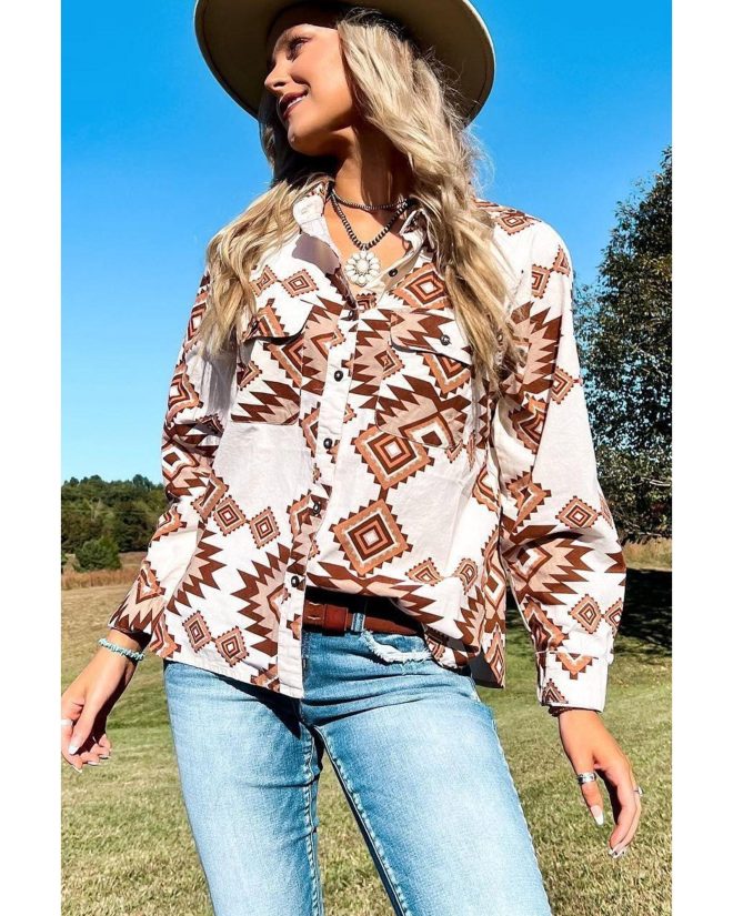 Azura Exchange Button Flap Pocket Shirt with Western Aztec Pattern – L