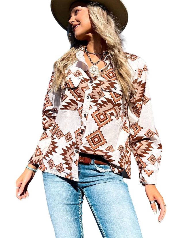 Azura Exchange Button Flap Pocket Shirt with Western Aztec Pattern – L