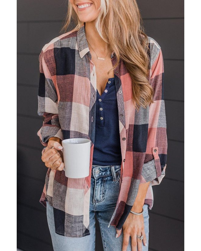 Azura Exchange Roll-up Sleeve Plaid Pattern Shirt – L