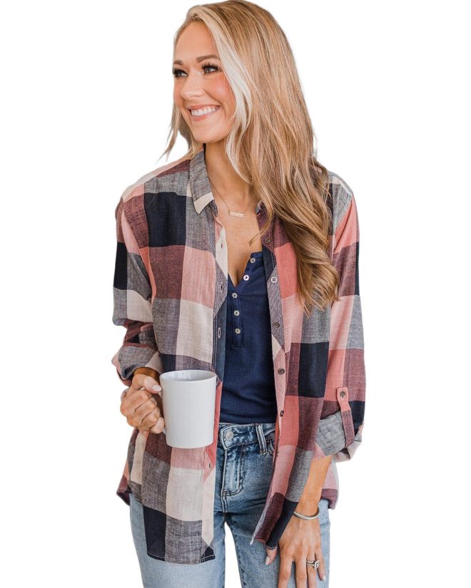 Azura Exchange Roll-up Sleeve Plaid Pattern Shirt – L