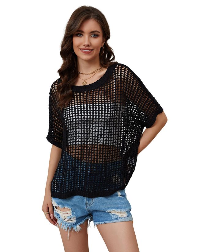 Azura Exchange Fishnet Knit Ribbed Short Sleeve Sweater Tee – 2XL