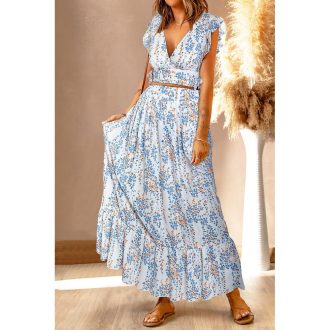 Azura Exchange Floral Ruffled Crop Top and Maxi Skirt Set