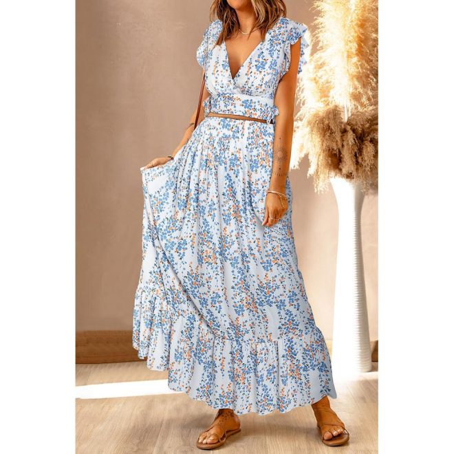 Azura Exchange Floral Ruffled Crop Top and Maxi Skirt Set – 2XL