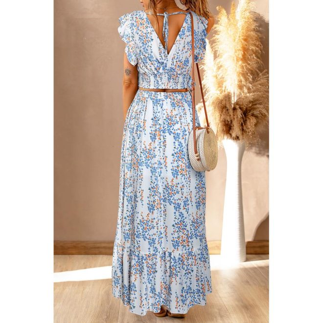 Azura Exchange Floral Ruffled Crop Top and Maxi Skirt Set – 2XL