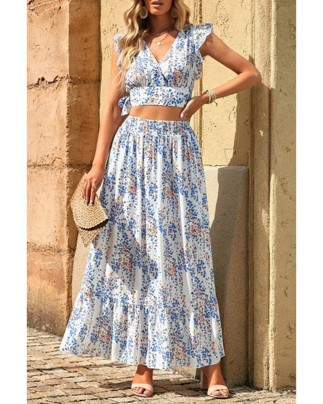 Azura Exchange Floral Ruffled Crop Top and Maxi Skirt Set – 2XL