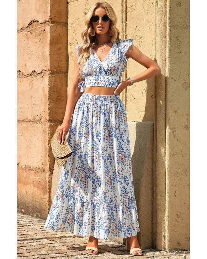 Azura Exchange Floral Ruffled Crop Top and Maxi Skirt Set – 2XL