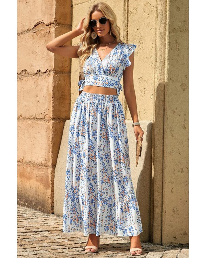 Azura Exchange Floral Ruffled Crop Top and Maxi Skirt Set – 2XL