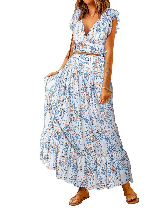 Azura Exchange Floral Ruffled Crop Top and Maxi Skirt Set – 2XL