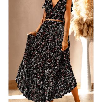 Azura Exchange Floral Ruffled Crop Top and Maxi Skirt Set