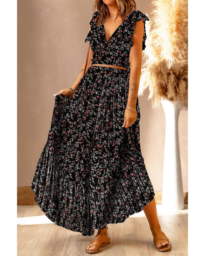 Azura Exchange Floral Ruffled Crop Top and Maxi Skirt Set – 2XL