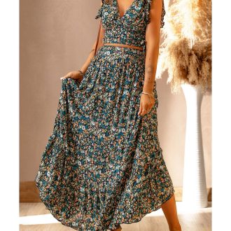 Azura Exchange Floral Ruffled Crop Top and Maxi Skirt Set