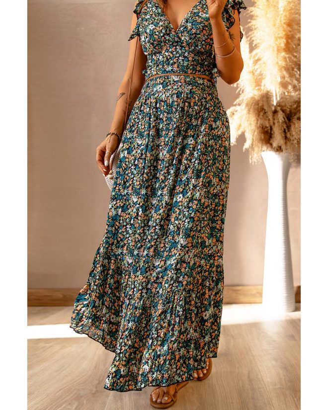 Azura Exchange Floral Ruffled Crop Top and Maxi Skirt Set – L