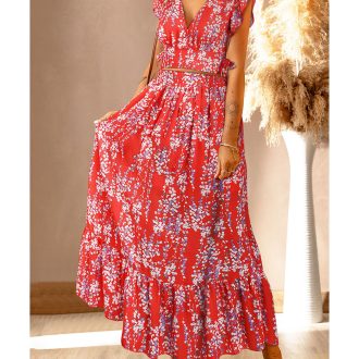 Azura Exchange Floral Ruffled Crop Top and Maxi Skirt Set