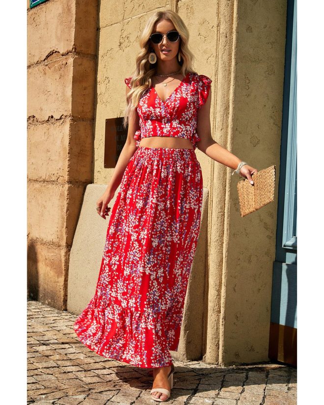 Azura Exchange Floral Ruffled Crop Top and Maxi Skirt Set – 2XL