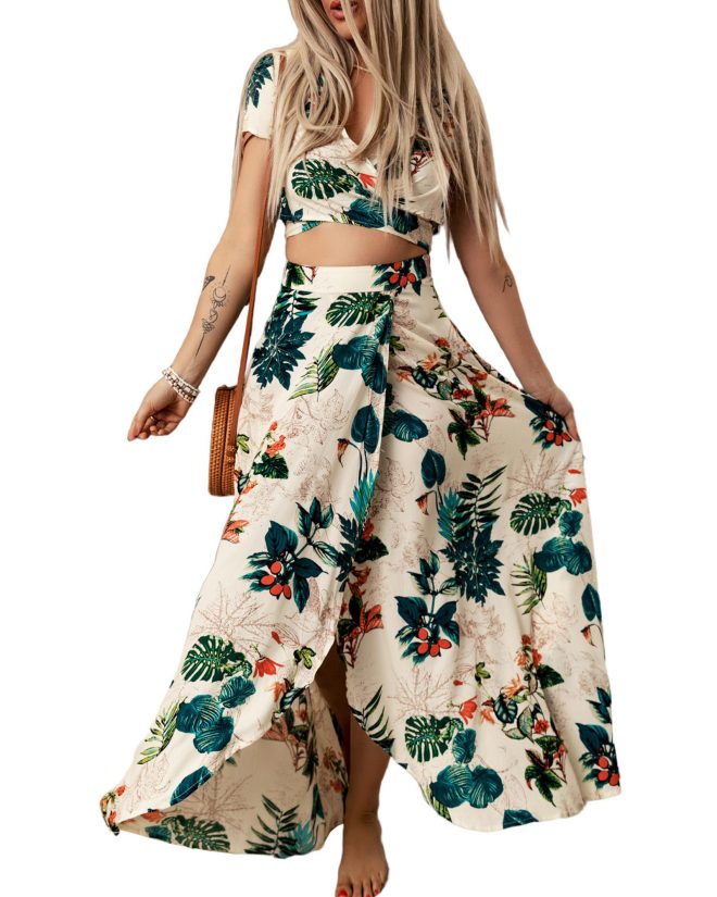 Azura Exchange Tropical Print Crop Top and Maxi Skirt Set – XL