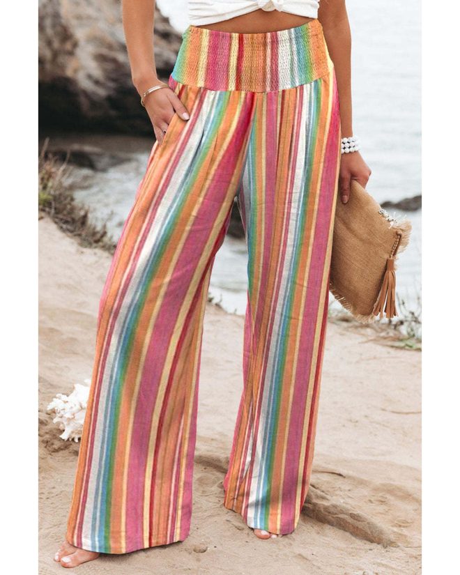 Azura Exchange Striped Smocked High Waist Wide Leg Pants – L