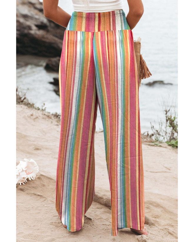 Azura Exchange Striped Smocked High Waist Wide Leg Pants – L