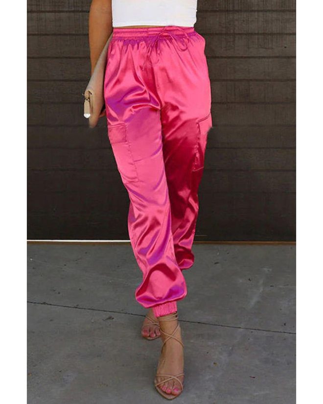 Azura Exchange Drawstring Satin Pants with Elastic Waist and Pockets – L