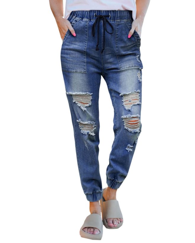 Azura Exchange Distressed Denim Joggers – S