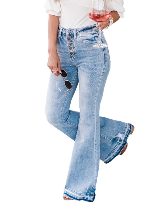 Azura Exchange Buttoned Distressed Flared Jeans – 10 US