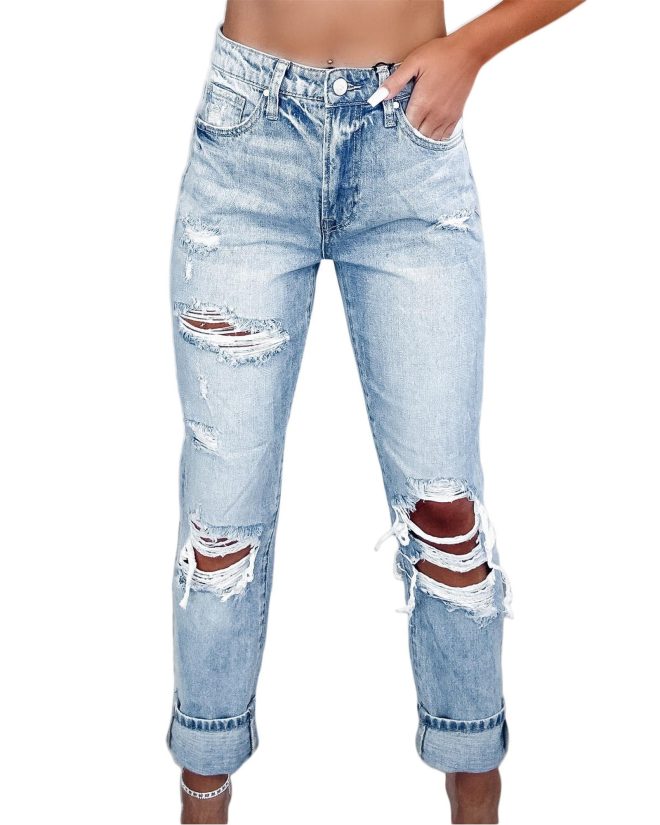 Azura Exchange Frayed Sky Blue Slim Fit High Waist Jeans – 10 US