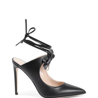 Pointed Toe Leather Mule with Bow and Stiletto Heel