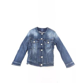 Round Neckline Denim Jacket with Metal Buttons and Contrast Stitching