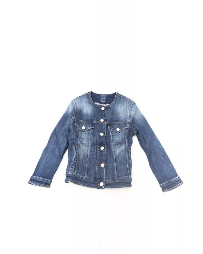 Round Neckline Denim Jacket with Metal Buttons and Contrast Stitching – L