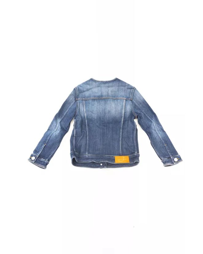 Round Neckline Denim Jacket with Metal Buttons and Contrast Stitching – L