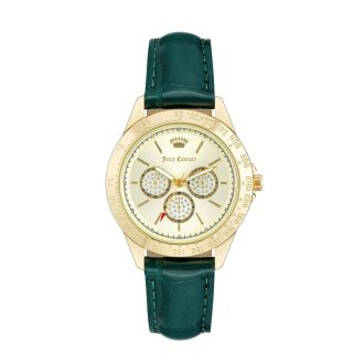 Gold Fashion Analog Watch with Rhine Stone Facing and Green Leatherette Strap One Size Women