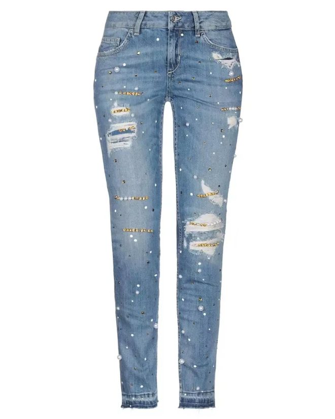 Denim Jeans with Beaded Front and Worn Effect W28 US Women