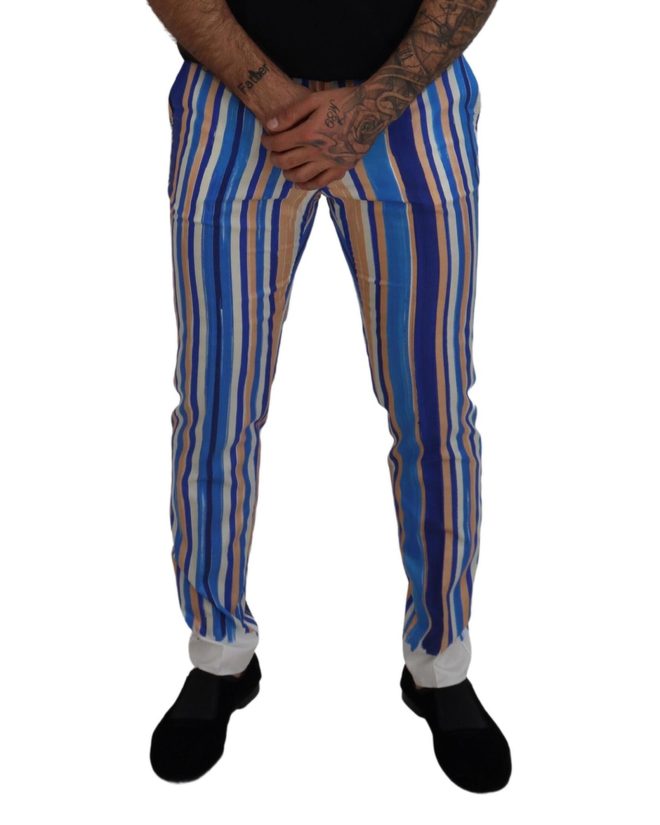 DOLCE & GABBANA Mens Slim Fit Blue Striped Trousers 46 IT Men