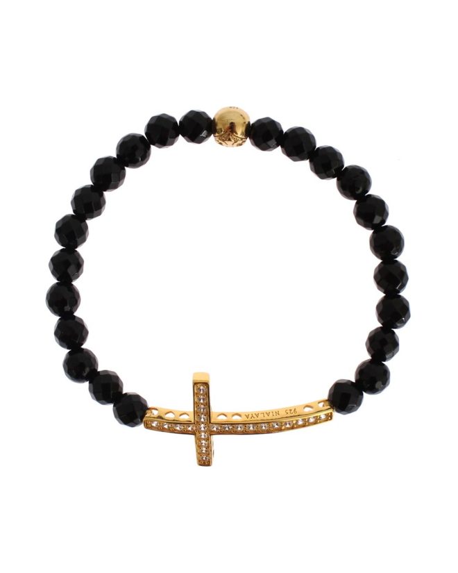 NIALAYA Gold Plated Sterling Silver Bracelet with Agate Stone and CZ Diamond Cross Women – M