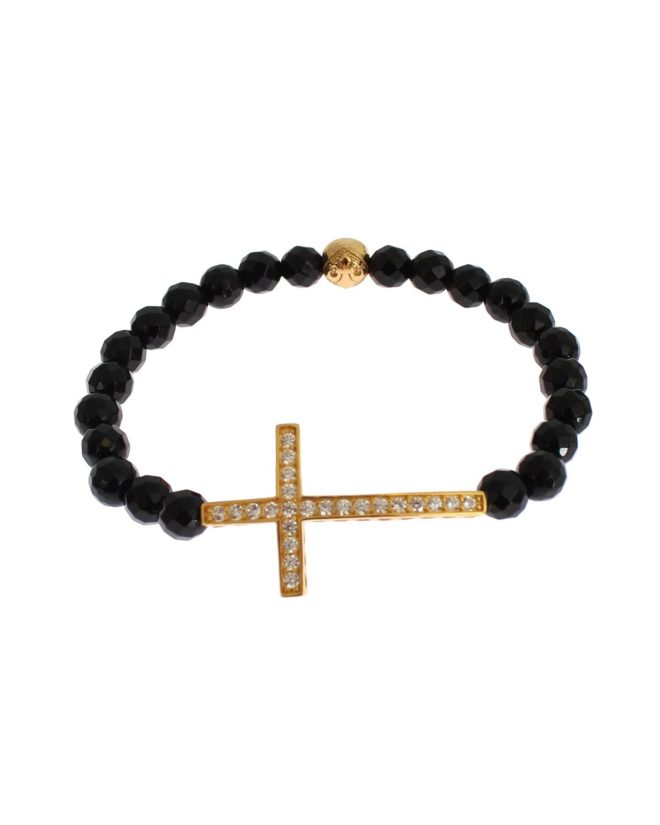 NIALAYA Gold Plated Sterling Silver Bracelet with Agate Stone and CZ Diamond Cross Women – M