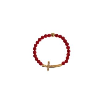 Authentic NIALAYA Gold Plated Silver Bracelet with Red Coral Beads and CZ Diamond Cross Women