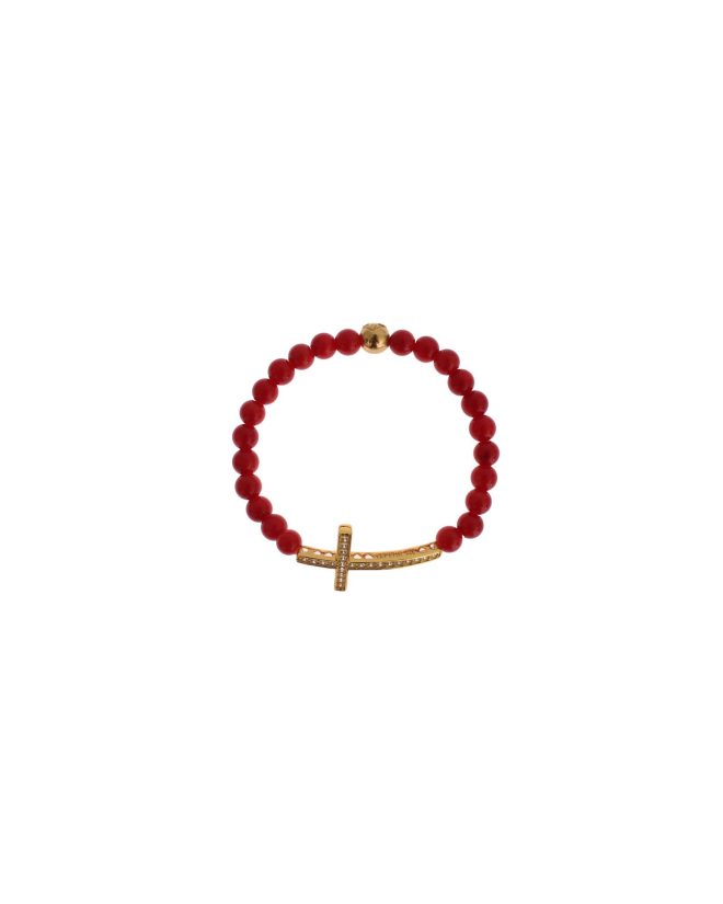 Authentic NIALAYA Gold Plated Silver Bracelet with Red Coral Beads and CZ Diamond Cross Women – M