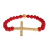 Authentic NIALAYA Gold Plated Silver Bracelet with Red Coral Beads and CZ Diamond Cross Women – M