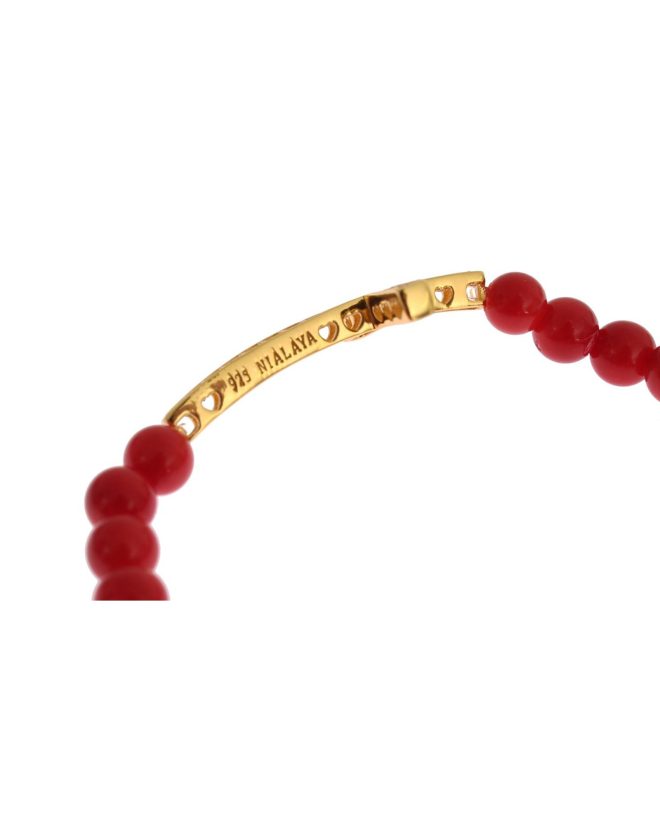 Authentic NIALAYA Gold Plated Silver Bracelet with Red Coral Beads and CZ Diamond Cross Women – M