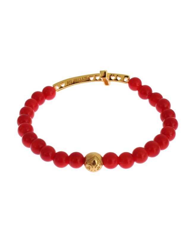 Authentic NIALAYA Gold Plated Silver Bracelet with Red Coral Beads and CZ Diamond Cross Women – M