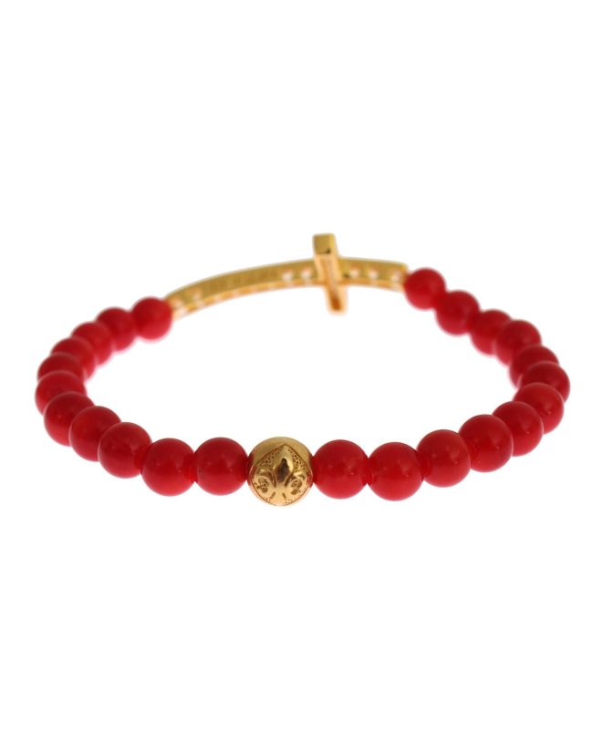 Authentic NIALAYA Gold Plated Silver Bracelet with Red Coral Beads and CZ Diamond Cross Women – M