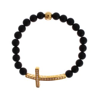 Authentic NIALAYA Bracelet with Matte Onyx Beads and CZ Diamond Cross